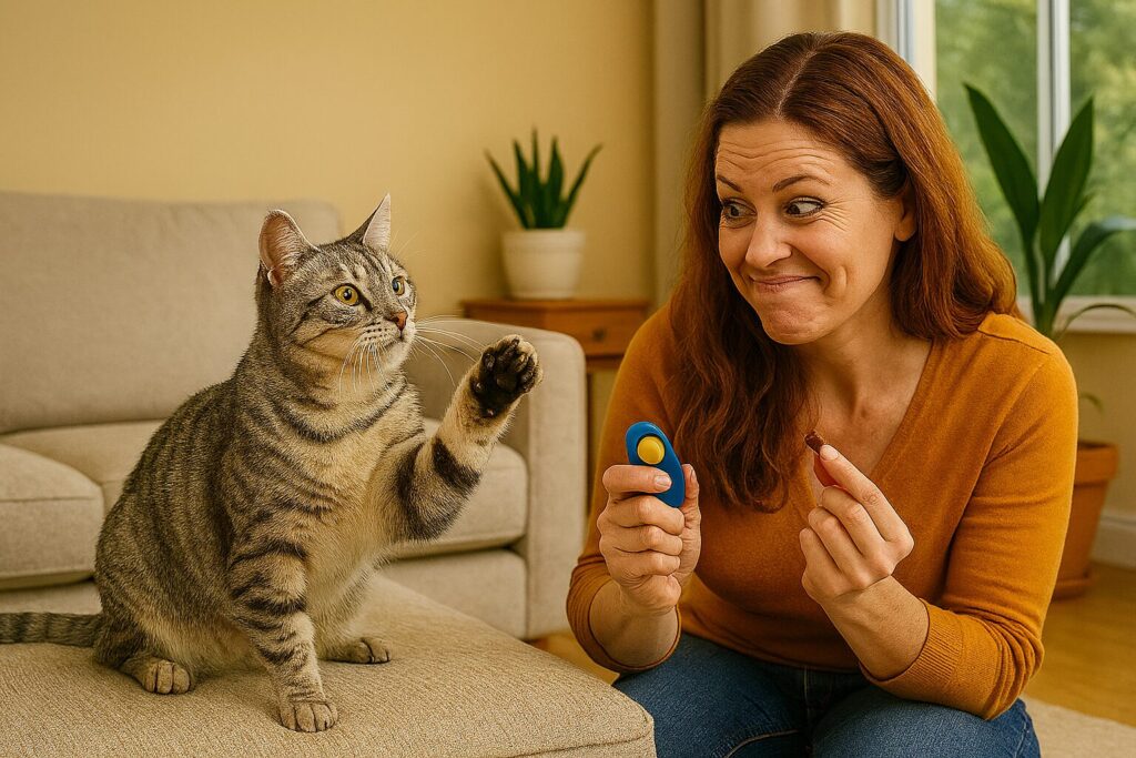 A humorous scene of clicker training for cats, showing a playful tabby cat raising its paw while a woman holds a clicker and a treat in a cozy living room. Adding a comical twist, the cat looks like it’s in charge of the training.