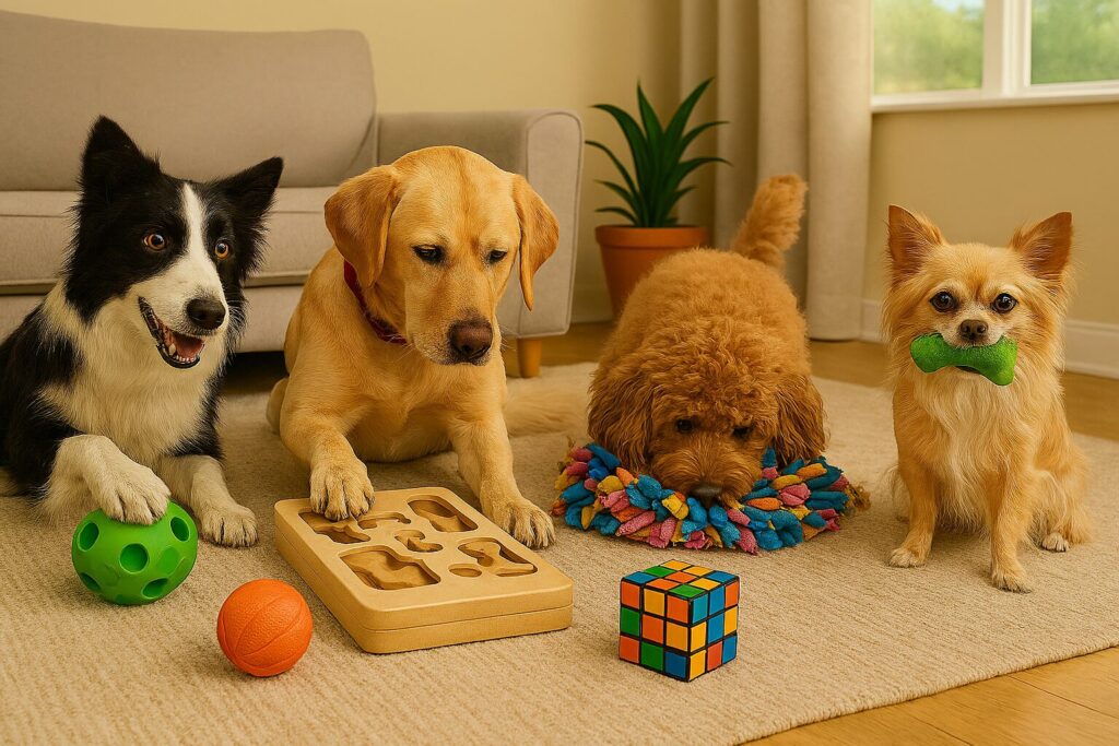 Four dogs of different breeds play with dog enrichment toys in a cheerful living room. A Border Collie paws at a treat-dispensing ball, a Labrador solves a wooden puzzle feeder, a Goldendoodle buries its face in a colorful snuffle mat, and a Chihuahua holds a green bone toy in its mouth. Scattered nearby are an orange ball and a Rubik’s Cube, adding a playful, humorous touch.