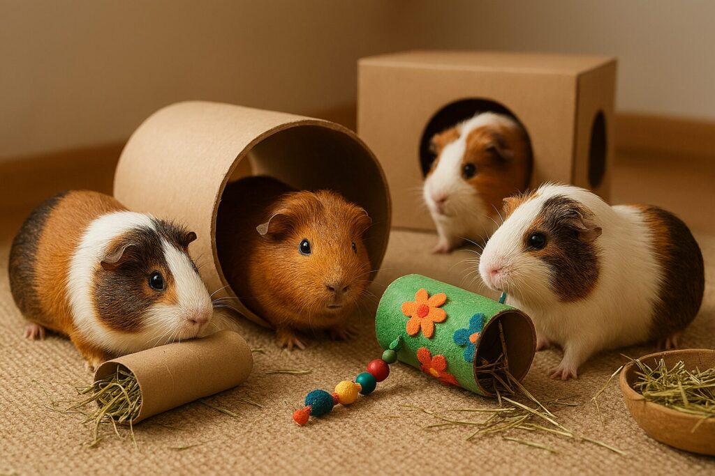 Four guinea pigs in a cozy indoor scene enjoying guinea pig enrichment activities—chewing a hay-filled cardboard roll, exploring a tunnel, playing with a colorful foraging toy, and peeking from a cardboard box.