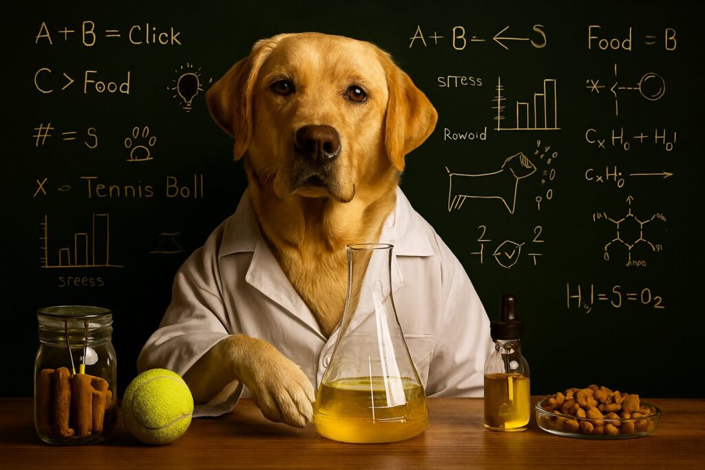 A Labrador dressed as a scientist playfully “conducts research” with treats, toys, and puzzles, capturing the spirit of dog training games that boost both intelligence and bonding.