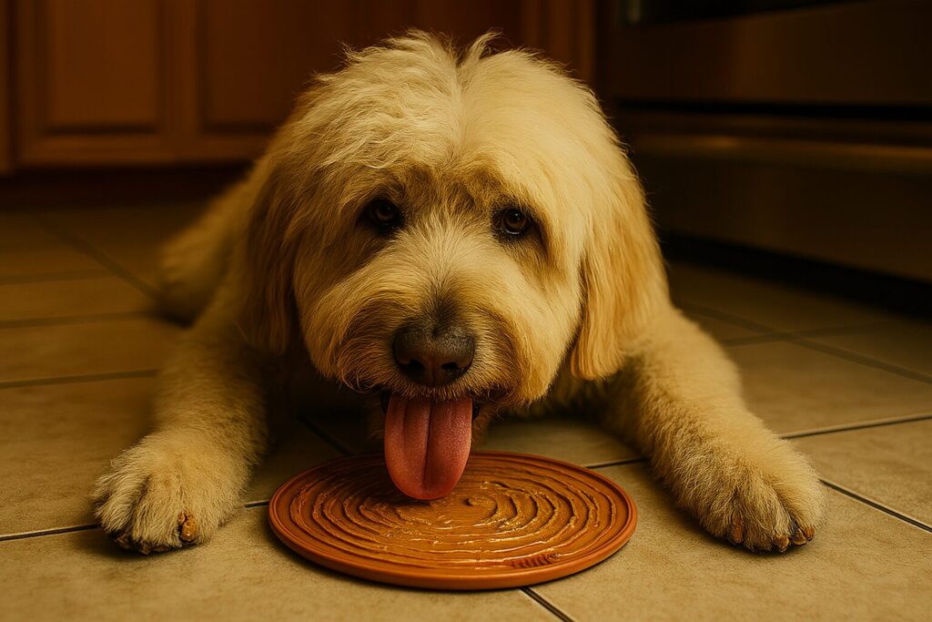 Messy dog licking peanut butter from a lick mat: The best lick mats for dogs.
