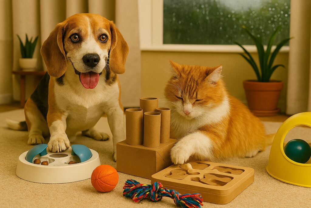 A humorous scene of indoor pet enrichment on a rainy day, showing a beagle and a tabby cat playing with puzzle feeders, treat-dispensing toys, and a homemade cardboard tube game in a cozy living room. Raindrops streak the window outside, while the pets stay happily engaged indoors.