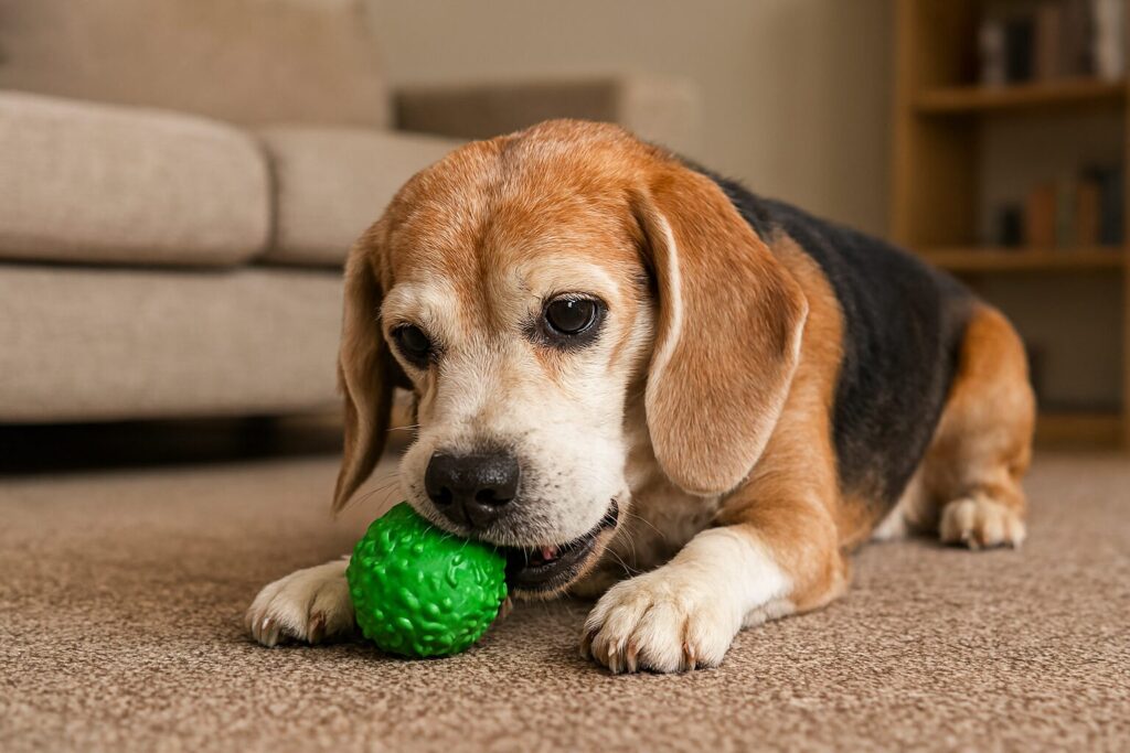 A dog enjoying a senior dog enrichment activity: chewing a green chew toy in a cozy living room.