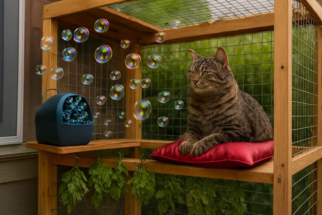 A cat lying lazily on a DIY catio while lazily ignoring the nearly bubble machine and copious bubbles.