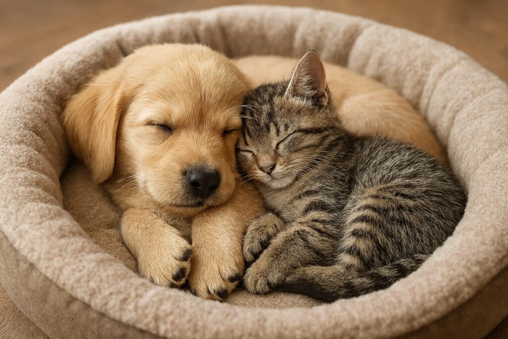 Golden retriever pup and tabby kitten snooze in perfect harmony—curled up together in a plush bed, all paws, whiskers, and pure heart: Pet enrichment ideas.