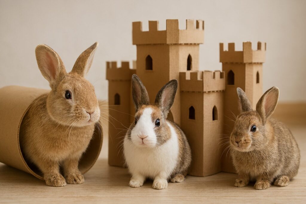 Three rabbits playing with a cardboard tunnel and castle in a cozy setting, showcasing fun rabbit enrichment ideas.