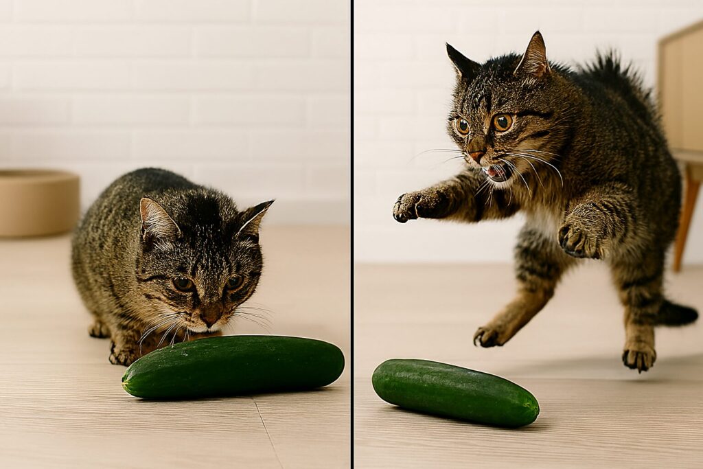 Two cats: one calmly sniffing a cucumber, and the other jumping out of its skin confronted with one. Are cats afraid of cucumbers?