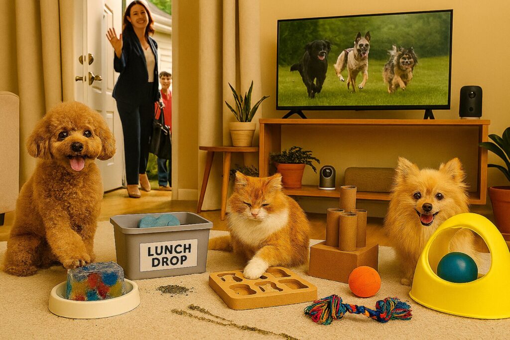 A living room scene showing pet enrichment activities: a curly mini‑poodle with a frozen treat toy, a fluffy Pomeranian playing inside a yellow ball track, and a tabby cat working on a wooden puzzle feeder. 