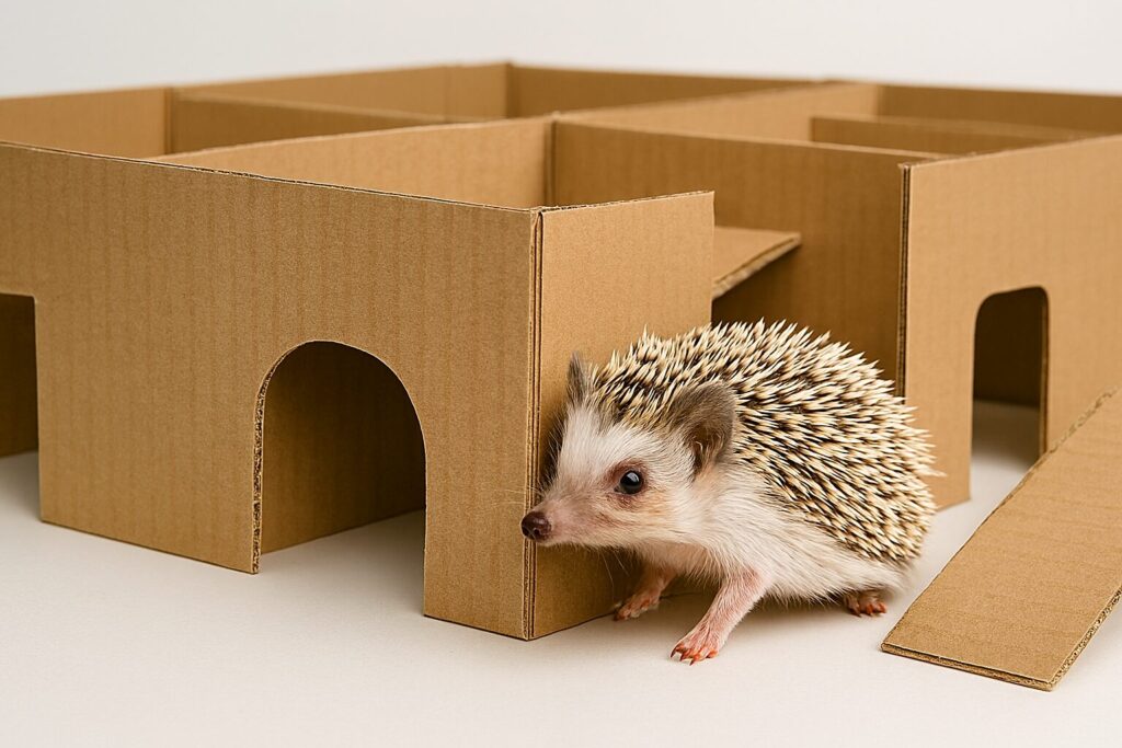 A hedgehog exploring a DIY cardboard maze with tunnels and ramps: Exotic pet enrichment.