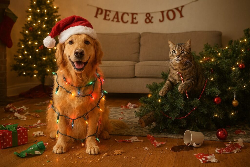 Holiday pet enrichment: A golden retriever in a Santa hat sits tangled in glowing lights, grinning at the camera, while a tabby cat peeks out from a toppled Christmas tree surrounded by scattered ornaments and wrapping paper. The cheerful “PEACE & JOY” banner in the background contrasts with the playful holiday chaos on the floor.
