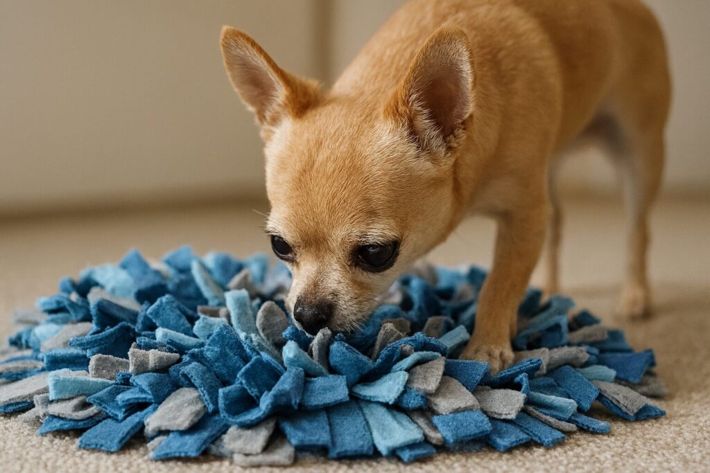 Chihuahua sniffing a snuffle mat: Best snuffle mats for dogs.